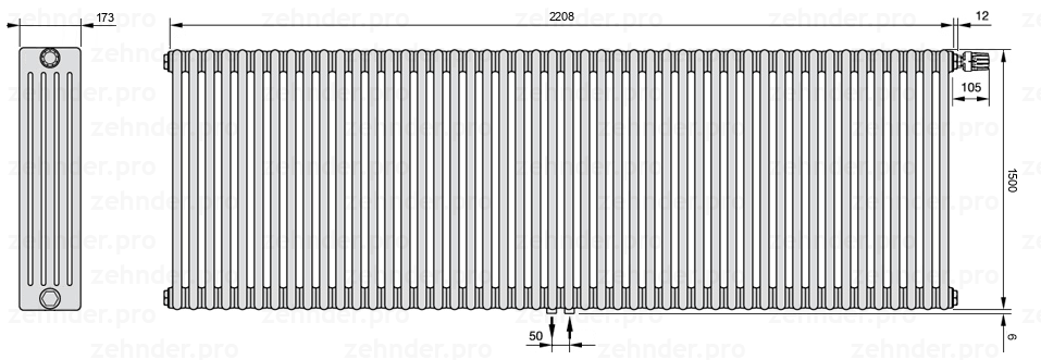 Схема (чертеж) Радиатор Zehnder Charleston 5150/48 №V008 Белый глянцевый RAL 9016